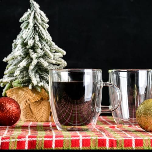 Wlasss Double Wall Insulated Glass Coffee Mugs set of 4-13 oz Clear Hand Blown Glass Coffee Cups with Handle for Cappuccino, Latte,Espresso,Tea Bags,Americano,Beverages, Gifts for Christmas view 2