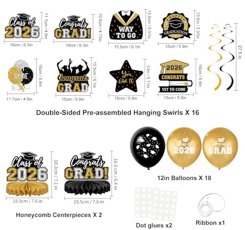 Graduation Decorations 2026 Black Gold Themed Grad Party Decor Set Backdrop Balloons Banner Honeycomb Centerpiece Hanging Swirl Kit Graduation Party Supplies for College High School Any Grade view 4