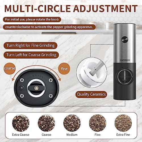 CAISIMIKI Electric Salt or Pepper Grinder Battery Operated, Automatic Salt and Pepper Mill Grinder Shakers with LED Light, Adjustable Coarseness, Include Brush and Spoon, Stainless Steel 1 PACK view 3