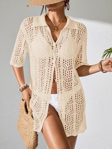 BreathSunny Womens Crochet Knit Polo Collar Swimsuit Coverup Cardigan Summer 2026 Beach Bathing Suit Cover Up Shirt Dress view 4