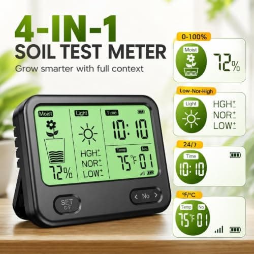 4-in-1 Soil Moisture Meter for Plants ,Soil Temperature /Moisture /Sunlight Time, Large Screen, Garden Soil Tester for Lawn, Farm, Houseplants，Wireless Indoor/Outdoor Plant Water Meter (Dark Black) view 3