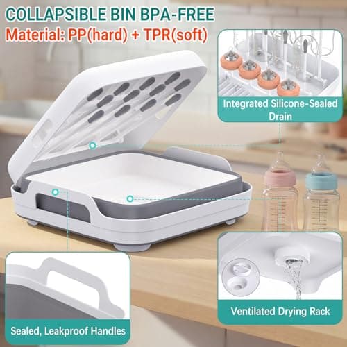 Yecuip Collapsible Wash Basin for Baby Bottles with Drying Rack – 2.4 Gallon Foldable Dish Tub with Handles, Portable RV Camping Sink & Space-Saving Wash Bin with Lid for Kitchen, Travel & Outdoor view 5