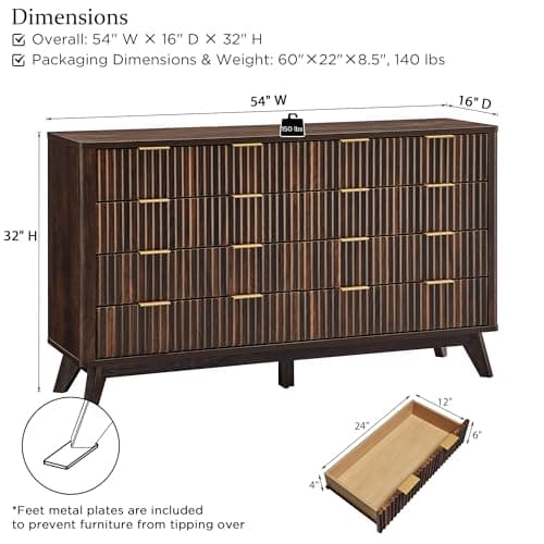 T4TREAM Fluted 8 Drawers Dresser, 54" Wide Modern Chest of Drawers, Curved Profile Design, Dresser TV Stand, Wood Drawer Organizer for Bedroom, Living Room, Hallway, Dark Walnut view 2