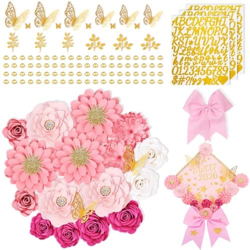 Mverse Graduation Cap Decorations Kit 2026-3D Paper Flowers & Gold Butterflies for Grad Cap Topper - DIY Flower Stickers, Glitter Letters & Pearls for Crafts & Shadow Box (Pink)