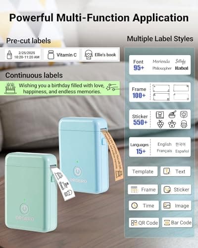 ORGBRO Label Maker Machine with Tape, Portable Bluetooth Label Printer for Home Office Organization, Support Pre-Cut & Continuous Labels, Inkless Thermal Small Labeler for School Kitchen, X1-Blue view 3