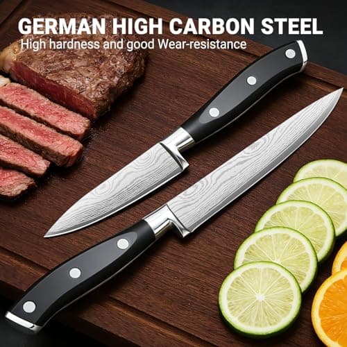 Razor Sharp 2PCS Small Kitchen Knife Set, 5 inch Utility Knife and 3.5 inch Paring Knife, High Carbon Steel Damascus Pattern Japanese Chef Knife with Full Tang Handle Design for Home Kitchen view 2