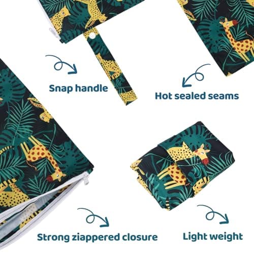 eaxin 2pcs Cloth Diaper Mess-proof Wet Bags,Waterproof Reusabel Travel Storage Stroller Daycare Soiled Baby Items Beach Pool Yoga Gym Bag for Wet Toddler Swimsuits-Leopard,Dinosaur view 5