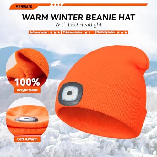 MANWALD LED Beanie Hat with Light, USB Rechargeable LED Headlamp, Birthday Gifts for Women Adults, Gifts for Men Dad Husband, Boyfriend, Orange view 4
