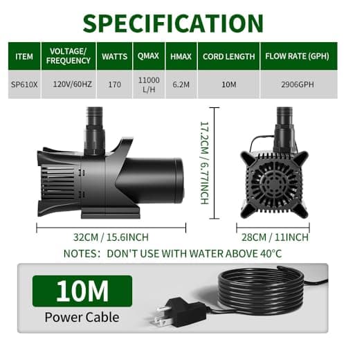 2906 GPH Submersible Water Pump, 170W Pond Pump with Adjustable Water Outlet Water Fountain Pump, Aquarium Water Pump with 20.3FT Lift Height for Pond Waterfall Fish Tank Hydroponic Pond Pumps view 2