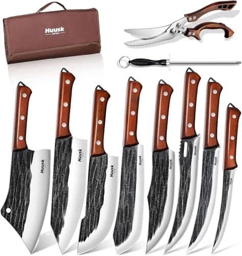 Huusk Butcher Knife Set, 10-Piece Hand Forged Chef Knife Set with Bag | Sharp Meat Cleaver & Bbq Carving Knives & Boning Breaking Knives for Kitchen & Camping, Gifts for Men Women — image 1