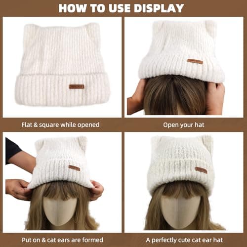 Cat Ear Beanie Cute White Cat Crochet Beanie Winter Warm Hat Knitted Cap for Women Girls view 3