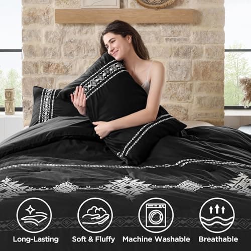 Embroidered Comforter Set Queen, 3-Piece Boho Bedding, Black view 4