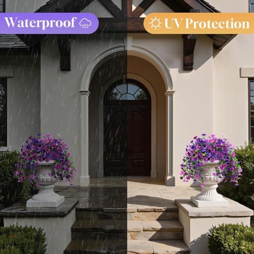 BlessedSeason 2 Pcs Artificial Hanging Flowers, UV Resistant Fake Flowers with Flexible Stems, Full Bundle Faux Flowers for Outdoor Planters, Zero Maintenance for Patio, Garden, Balcony, Double Purple view 5