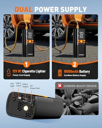 NEVERLAND Tire Inflator Portable Air Compressor - Cordless & 12V DC Air Pump for Car Tires, 150 PSI Bike Pump With Gauge, Auto-Shutoff Tire Pump for Car Bicycle Motorcycle Ball(1 Year Warranty) view 4