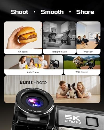 5K Video Camera Camcorder, UHD 64MP Vlogging Camera for YouTube with 3" 270° Rotatable Touch Screen, Digital Camera with IR Night Vision, 16X Zoom/WiFi/Webcam/HD/32GB Card/2 Batteries/Microphone view 3