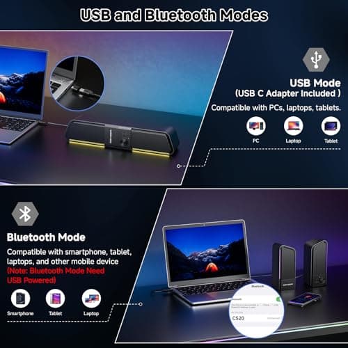 SENZER CS20 2 in 1 Bluetooth Computer Speakers for Desktop, USB Plug & Play Clear Sound PC Speakers with RGB Light, Monitor Sound Bar with Volume Knob, Gaming Speaker for PC Laptop Phone Tablet view 4