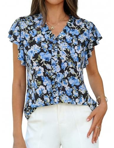 GRACE KARIN Womens Boho Tops Dressy Casual Ruffle Blouses Blue Black L | Flutter Sleeve Floral Shirts, V Neck Summer Fashion Clothes, Business Work Tops — image 1