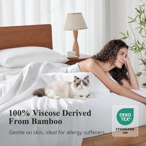 KRIMANO Twin Size Sheet Set, Viscose Bamboo Sheets for Bed Set 3pcs, 100% Viscose Derived from Bamboo, Hotel Luxury Silky & Cooling for Hot Sleepers, Deep Pocket Up to 17", White view 2