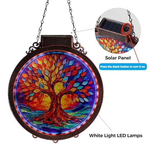 Hoikwo Solar Powered Suncatcher Tree of Life, 8.6" Sun Catcher Stained Acrylic Plastic Lightweight Window Decor, for Porch Courtyard Garden Mother's Day Birthday Gift for Mom Her Housewarming view 3