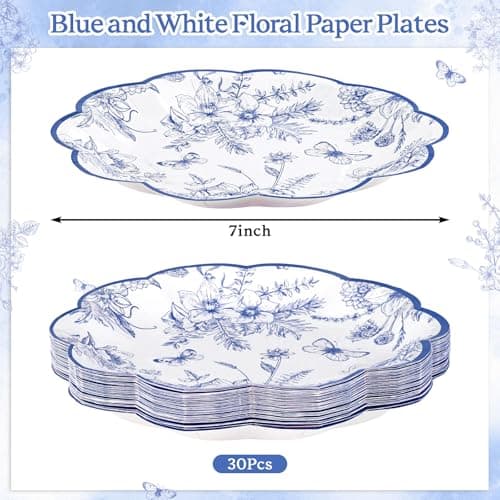 NatNarr 30 Pcs Blue Floral Paper Plates, 7 Inch Tea Party Plates Vintage Chinoiserie Flower Plate Disposable Blue and White Dessert Plate for Spring Garden Party Baby & Bridal Shower Birthday Wedding view 3