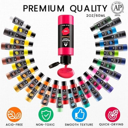 52 Pcs Acrylic Paint Set - 36 Colors (2oz/60ml) with 12 Brushes, 2 Knives & Palette - Rich Pigments for Adults, Artists & Beginners - Painting on Pumpkin Canvas Ceramic Rock Wood view 4