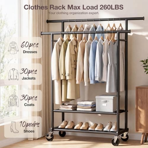 Portable Clothes Rack Rolling Garment Rack with Wheels 26OLBS Black view 3