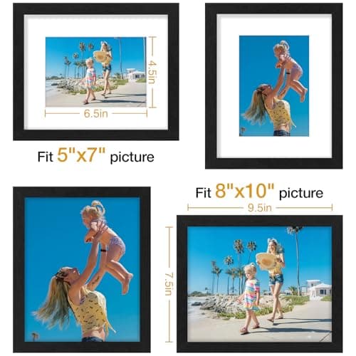 Vittanly 8x10 Picture Frames Set of 9, Shatter Resistant Plexiglass, Display 5x7 Pictures with Mat or 8x10 without Mat, Photo Frames for Wall or Tabletop, Engineered Wood, Black view 3