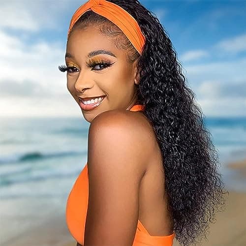 JCL Curly Headband Wig Human Hair 180% Density 12 Inch Headband Wigs for Black Women Deep Wave None Lace Front Wigs Human Hair Wear and Go Glueless Wig Natural Color view 2