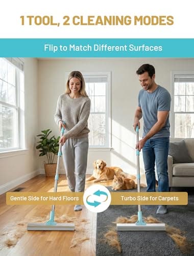 Carpet Rake for Pet Hair Removal: DELOMO Carpet Scraper Broom with 54” Adjustable Long Handle, Dual-Sided, Metal + Short Silicone for Carpets & Rugs, Extended Silicone for Shag Rugs & Hard Floors view 2