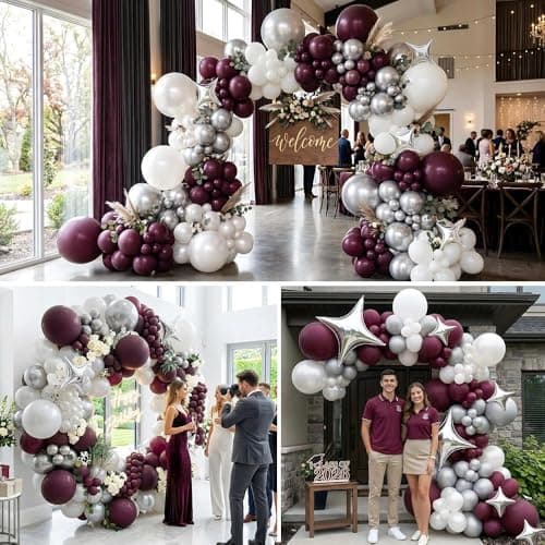 Double Stuffed Burgundy & Pearl White Balloon Arch Garland Kit, Dark Plum Purple Balloons with Silver Foil Stars for Mother's Day,Graduation,Wedding,Bridal,Baby Shower,Birthday Party view 6