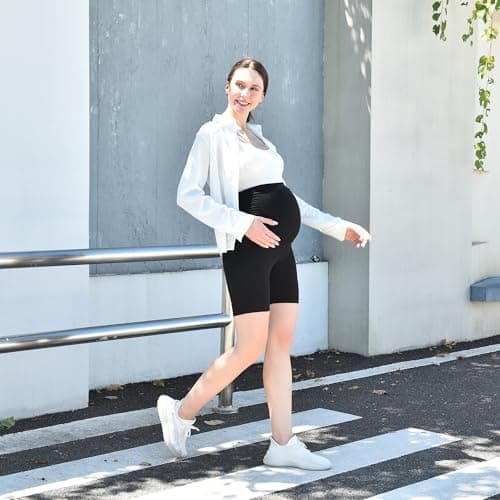 Leafigure Maternity Shorts with Pockets Over The Belly for Women, High Waisted Soft Pregnancy Yoga Pants view 6