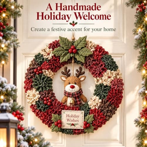 Christmas Wreath Kit 3D Fabric Poke Art, DIY Wreath Making Craft, Reindeer with Holiday Wishes Sign, Holiday Door and Wall Decor view 3