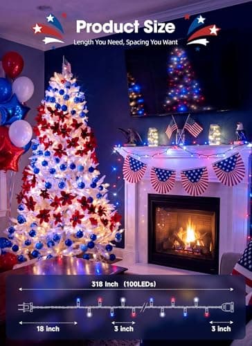 Brightown LED Red White Blue Mini String Lights, 26.5Ft 100LEDs F5 Lights for 4th of July Decorations, Connectable Lights for Indoor Outdoor Holiday Patio Independence Day Decor, 250th Anniversary view 3