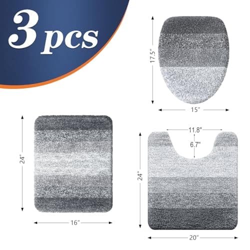OLANLY Bathroom Rugs Sets 3 piece, Soft Microfiber Absorbent Bath Mat, U-Shaped Contour Toilet Mat and Toilet Lid Cover, Quick Dry, Machine Washable, Toilet Cover and Rug Set for Bathroom, Grey view 2