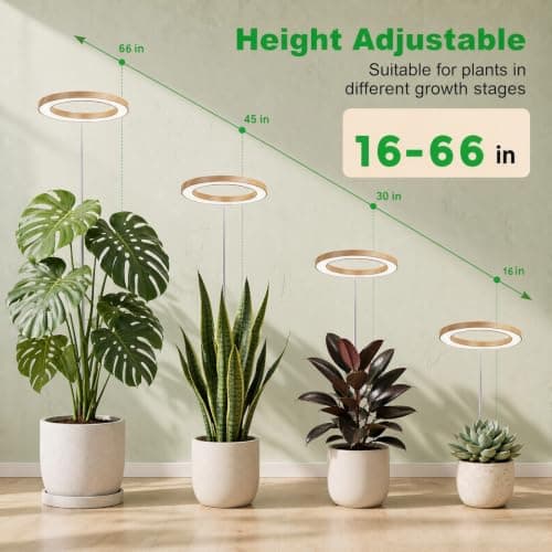 10in Indoor Plant Grow Light, Full Spectrum Grow Lights for Indoor Plants | Wood Grain Large Plant lights, Timer 4/8/12/18H & Dimmable, 16"-66" Height Adjustable, 160 LEDs, House Decor Halo Grow Lamp view 6
