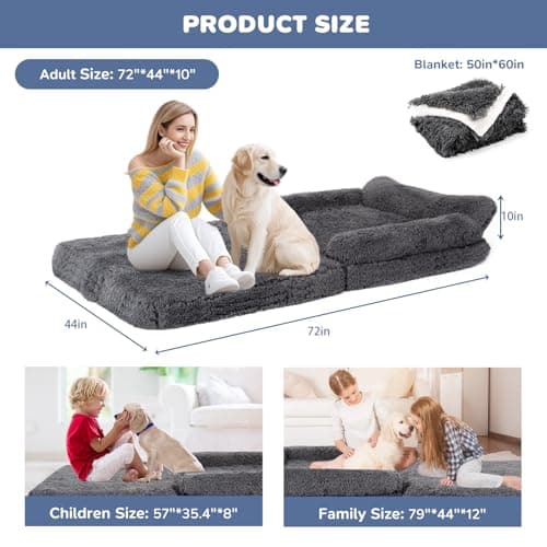 OtterOasis Foldable Human Dog Bed for Adults, Fluffy Human Sized with Blanket, Orthopedic Washable Dog Bed with Memory Foam and Water Repellent Liner for Pet (Grey, 72 * 44 * 10 inch) view 6