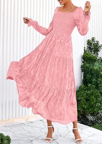 PRETTYGARDEN Wedding Guest Dresses for Women Floral Long Sleeve Smocked Tiered Elegant Long Flowy Boho Dress view 4
