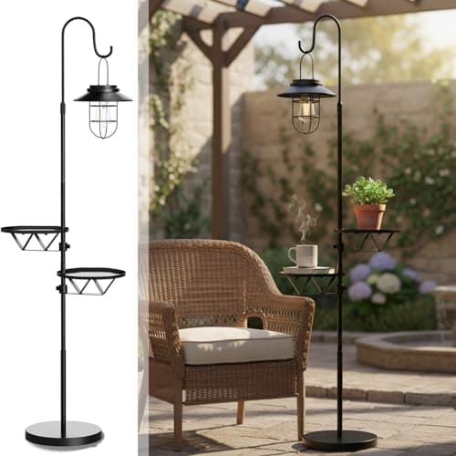 Kirschblüte Solar Floor Lamp with Table, 60" Outdoor Shepherd Hook with Solar Lantern, Waterproof Metal Side Table for Patio, Heavy Duty Solar Pole Light for Garden, Deck, Porch and Backyard Decor view 1