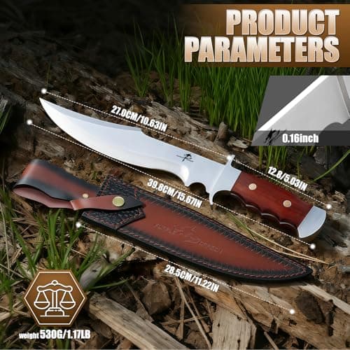 Purple Dragon Bowie Knife 10.63" - Fixed Blade Survival Knife with Wood Handle, Heavy Duty Hunting Knives with Artisan Leather Sheath & Gift Box for Men Outdoors view 2