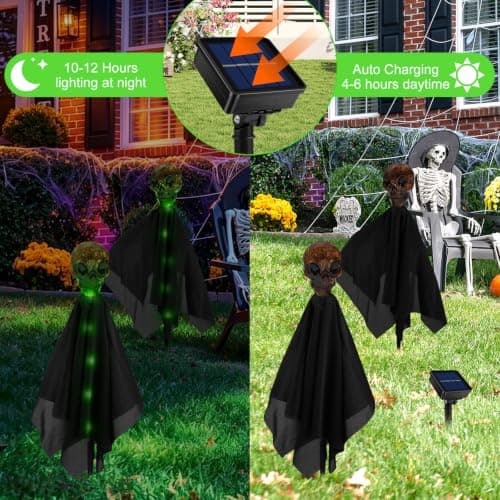4 Pack Halloween Decorations Outdoor Solar Garden Lights, Solar Creepy Skull Path Lights, IP65 Waterproof 8 Modes Green Halloween Solar Lights Outdoor for Yard, Grave, House, Halloween Party view 3