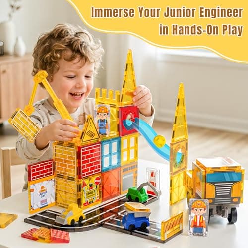 Magnetic Tiles for Kids Ages 4-8 Construction Toys with Crane Marble Run view 4