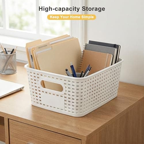 AREYZIN 6 Pack Plastic Storage Bins with Lid,Stackable Storage Bins and Storage Baskets for Shelves,Small Baskets for Organizing, Small Storage Bins,10.2x7.2x4.1 Inch, White view 6