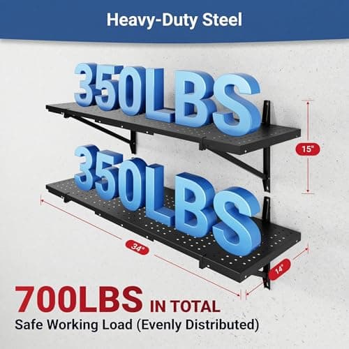 FLEXIMOUNTS 2-Pack 1x3ft Garage Shelving 14-inch-by-34-inch Perforated Wall Shelf, Heavy Duty Garage Storage Rack with 700 lbs Load Capacity, Wall Mounted Organization System for Tools, Heavy Bins view 3