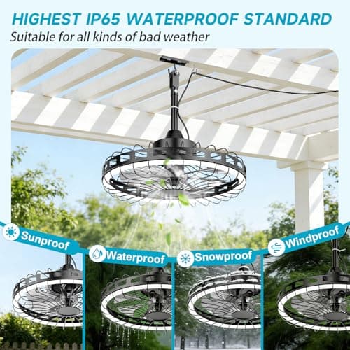 Unenrui 20" IP65 Waterproof Outdoor Ceiling Fan with Light, Plug-in Caged Hanging Fan, 3CCT Dimmable & 6-Speed Adjustment for Patio Porch Pergola Gazebo view 6