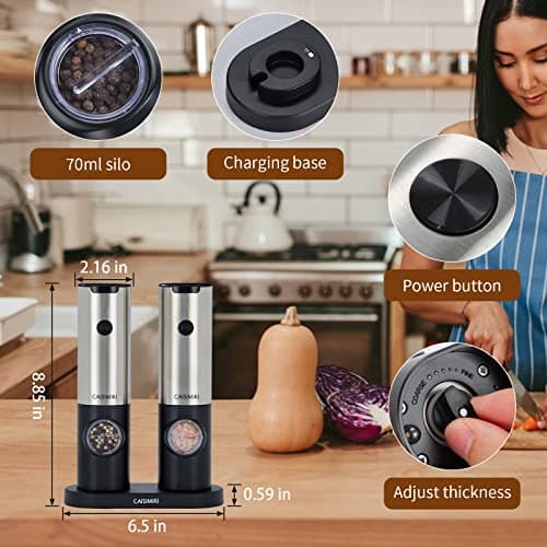 CAISIMIKI Electric Salt and Pepper Grinder Set Rechargeable Automatic Pepper Mill Grinder Stainless Steel Kitchen Gadgets Adjustable Coarseness Shakers, One Hand Operation, 2 Pack view 3