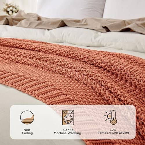 Joydeco Chunky Cable Knit Throw Blanket, Lightweight 100% Cotton Soft Cozy Throw Twin Blanket for Couch Bed and Sofa, Rustic Breathable Farmhouse Blanket Gift for Women Men(Burnt Orange, 60"x80") view 6