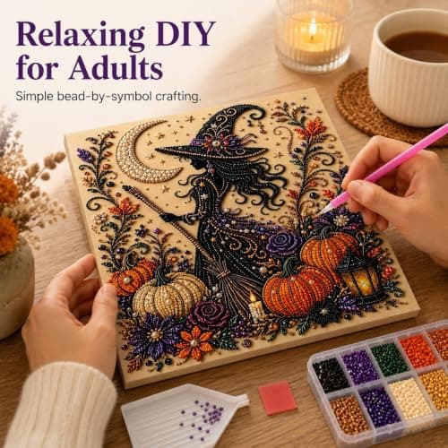 Witch Pearl Art Kit for Adults, Cute 3D Witch Diamond-Painting Crafts for Adults, DIY Fall Home Decor Wall Art, Beginner DIY Seasonal Party Gift view 4