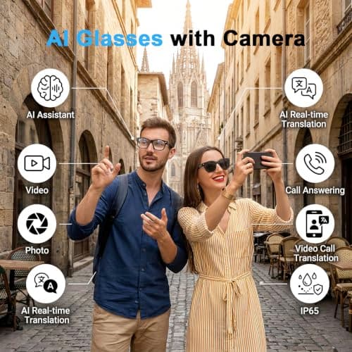 AI Smart Glasses with Camera, 8MP HD Bluetooth Camera Glasses for Women Men | 1080P Video Recording Sunglasses, Real Time Translation, Voice Assistant, Open Earbuds, Travel, Work, Vlog view 2