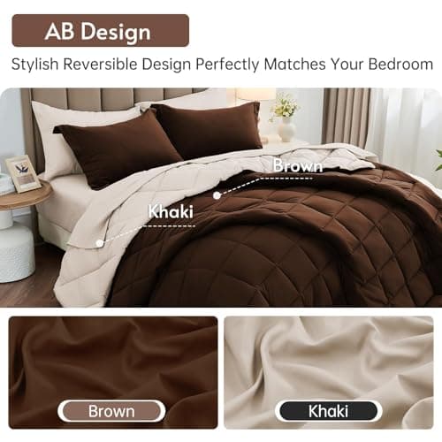 MUXHOMO 7 Pieces Full Comforter Set, Reversible Bed in a Bag Full Size, All Season Bedding Set with Comforter, Flat Sheet, Fitted Sheet, Pillowcases & Shams, Brown & Khaki view 3