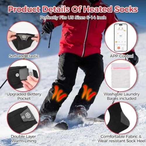 Heated Socks for Men Women, 7000mAh Rechargeable Battery Electric Heating Socks with APP Control Washable Winter Warm Socks for Foot Warmer Outdoor Fishing Hunting Ski Cycling Hiking Camping view 4